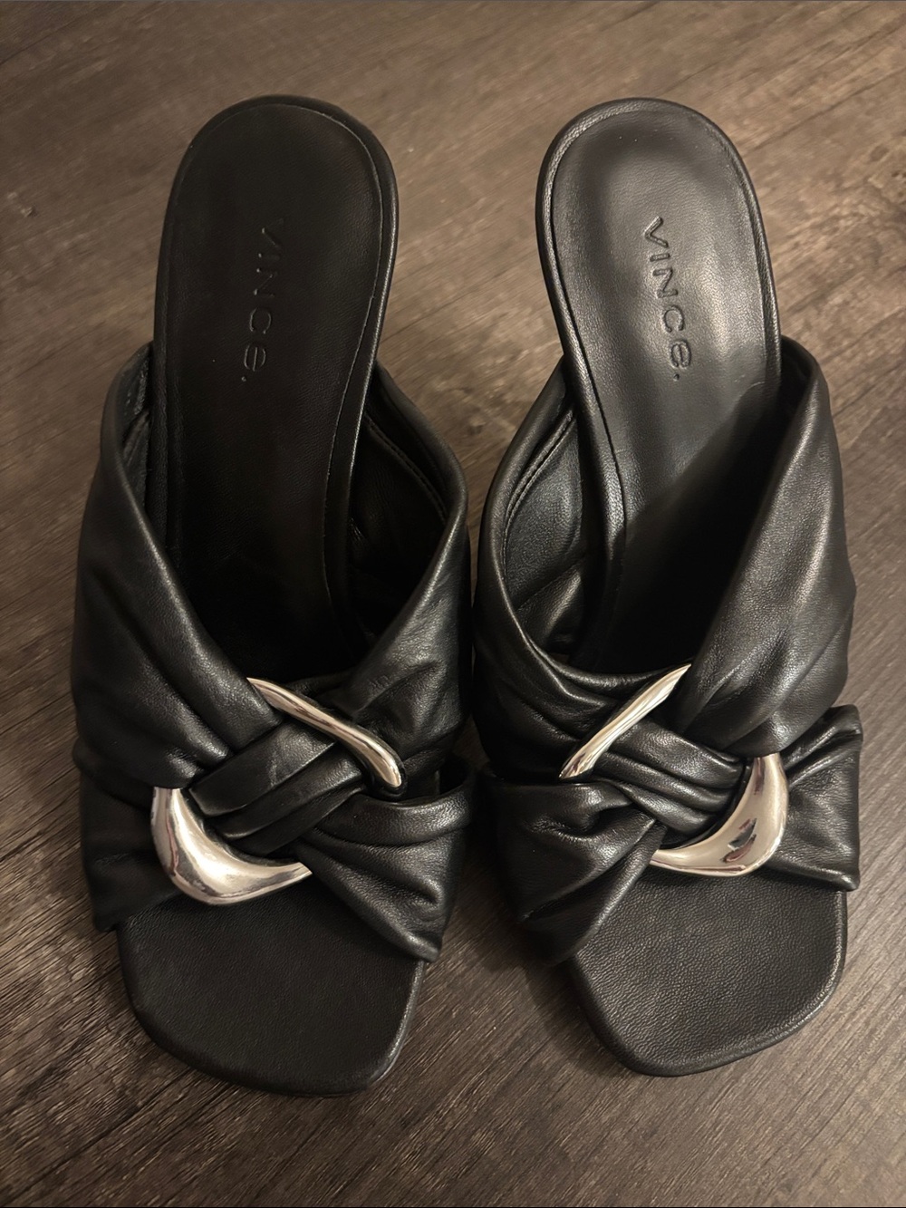 Vince Black Leather Knotted Slide Sandals with Silver Accent